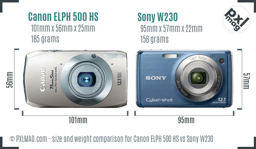 Canon ELPH 500 HS vs Sony W230 size comparison