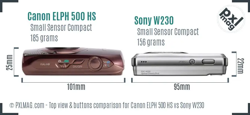 Canon ELPH 500 HS vs Sony W230 top view buttons comparison