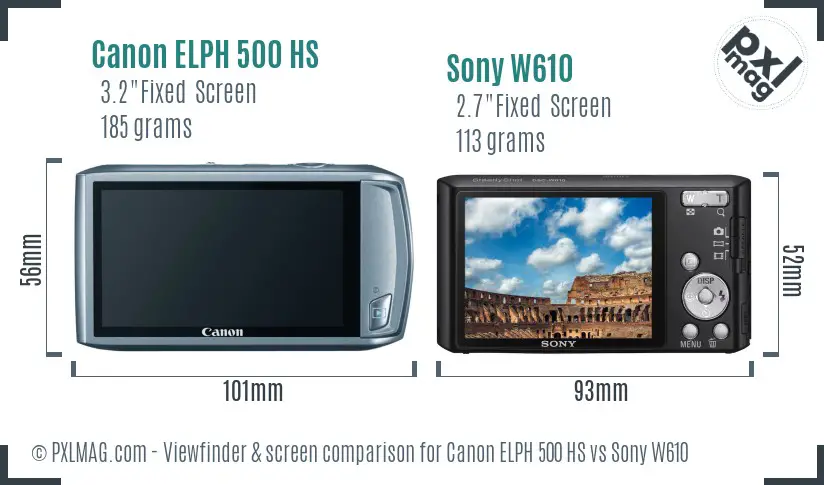 Canon ELPH 500 HS vs Sony W610 Screen and Viewfinder comparison