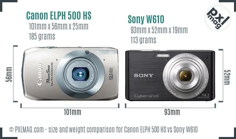 Canon ELPH 500 HS vs Sony W610 size comparison