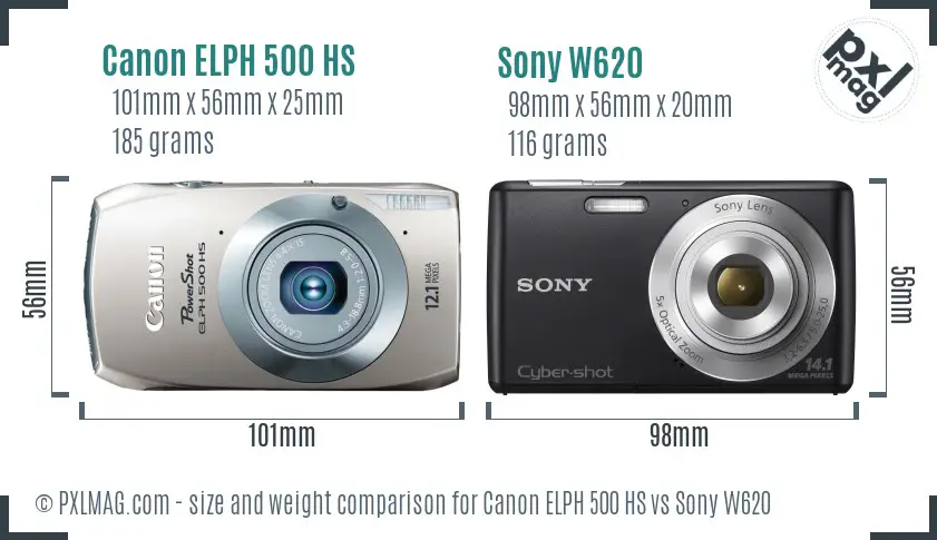 Canon ELPH 500 HS vs Sony W620 size comparison