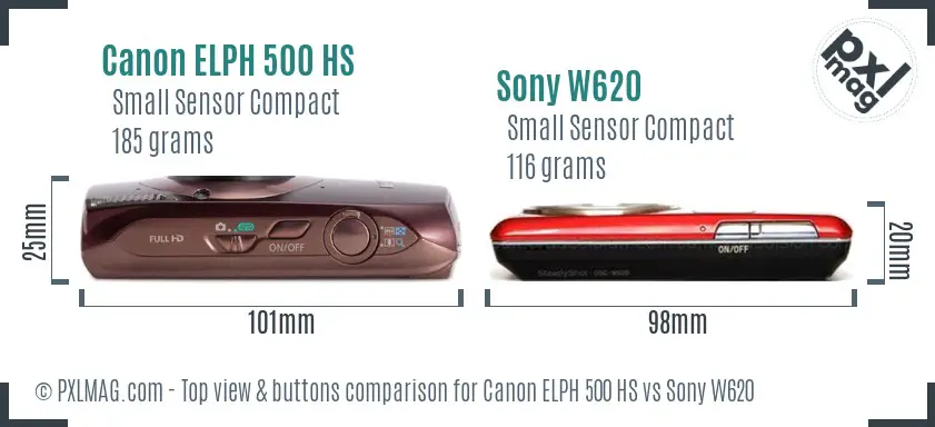 Canon ELPH 500 HS vs Sony W620 top view buttons comparison