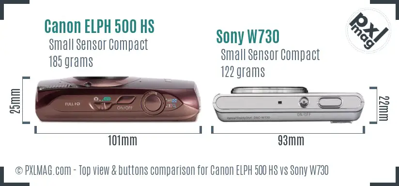 Canon ELPH 500 HS vs Sony W730 top view buttons comparison