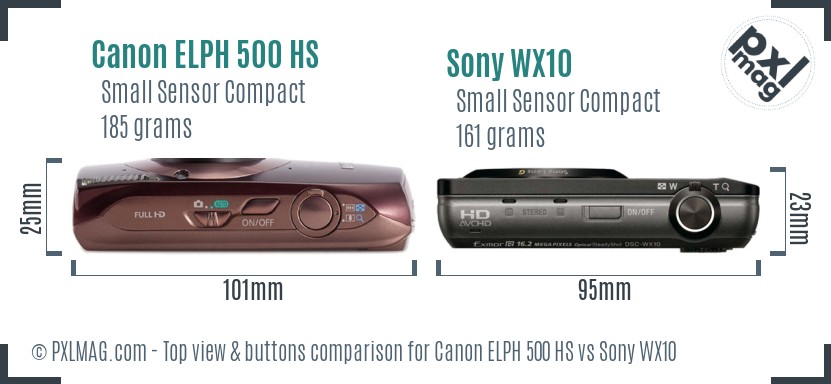 Canon ELPH 500 HS vs Sony WX10 top view buttons comparison