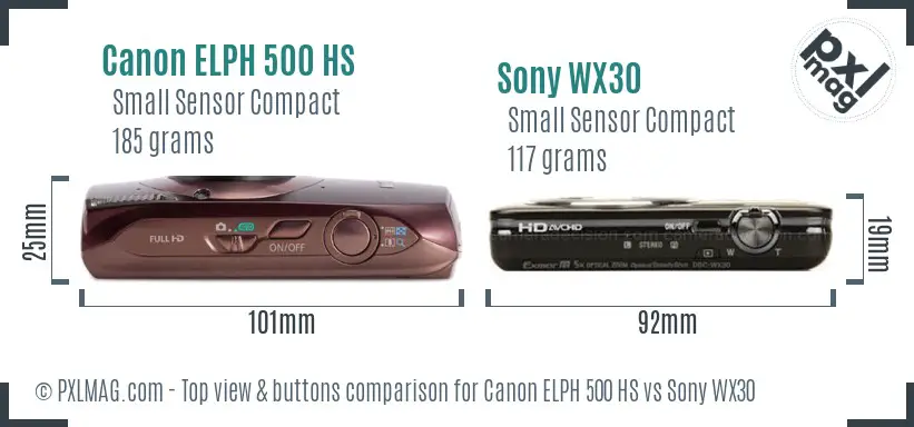 Canon ELPH 500 HS vs Sony WX30 top view buttons comparison Canon ELPH 500 HS vs Sony WX30 top view buttons comparison