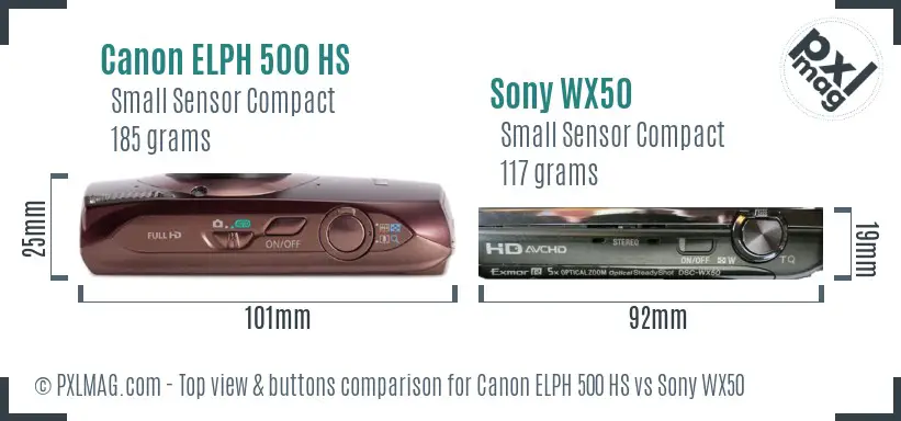 Canon ELPH 500 HS vs Sony WX50 top view buttons comparison