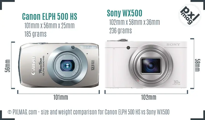 Canon ELPH 500 HS vs Sony WX500 size comparison