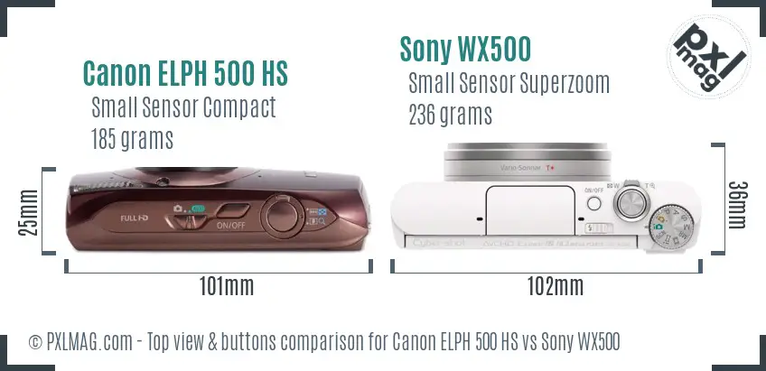Canon ELPH 500 HS vs Sony WX500 top view buttons comparison