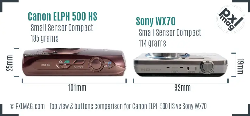 Canon ELPH 500 HS vs Sony WX70 top view buttons comparison Canon ELPH 500 HS vs Sony WX70 top view buttons comparison