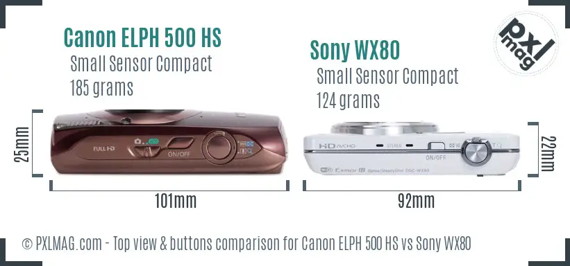 Canon ELPH 500 HS vs Sony WX80 top view buttons comparison