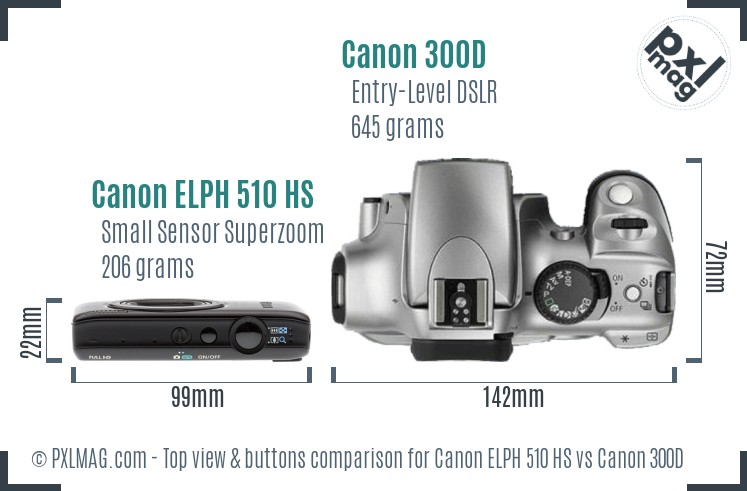 Canon ELPH 510 HS vs Canon 300D top view buttons comparison