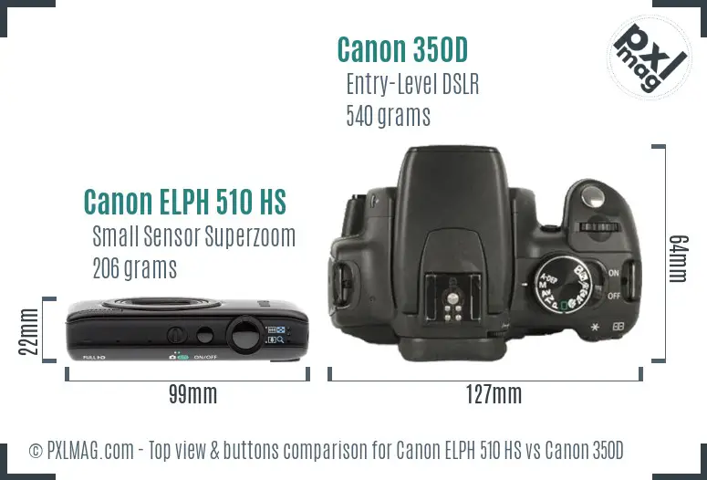 Canon ELPH 510 HS vs Canon 350D top view buttons comparison
