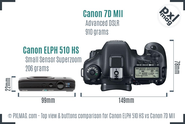 Canon ELPH 510 HS vs Canon 7D MII top view buttons comparison