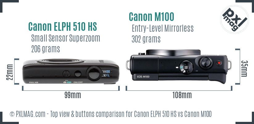 Canon ELPH 510 HS vs Canon M100 top view buttons comparison