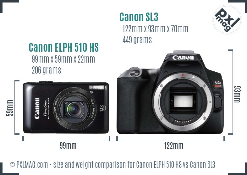 Canon ELPH 510 HS vs Canon SL3 size comparison Canon ELPH 510 HS vs Canon SL3 size comparison