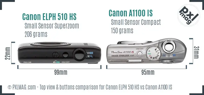 Canon ELPH 510 HS vs Canon A1100 IS top view buttons comparison