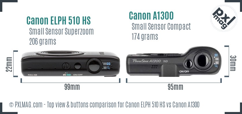 Canon ELPH 510 HS vs Canon A1300 top view buttons comparison