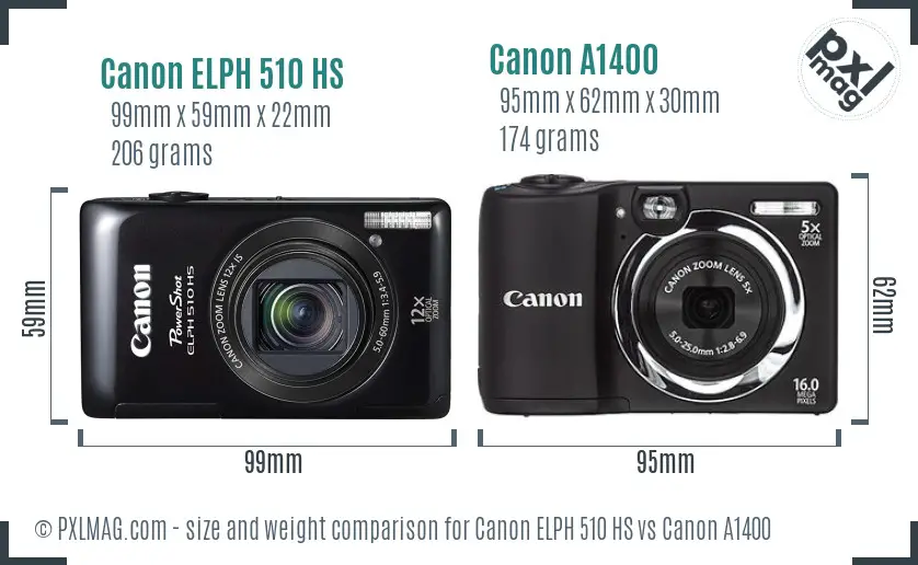 Canon ELPH 510 HS vs Canon A1400 size comparison
