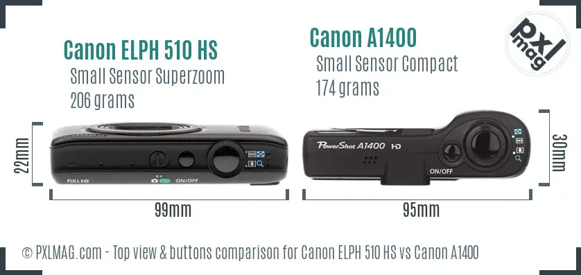 Canon ELPH 510 HS vs Canon A1400 top view buttons comparison
