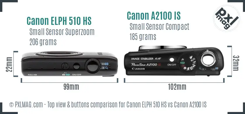 Canon ELPH 510 HS vs Canon A2100 IS top view buttons comparison