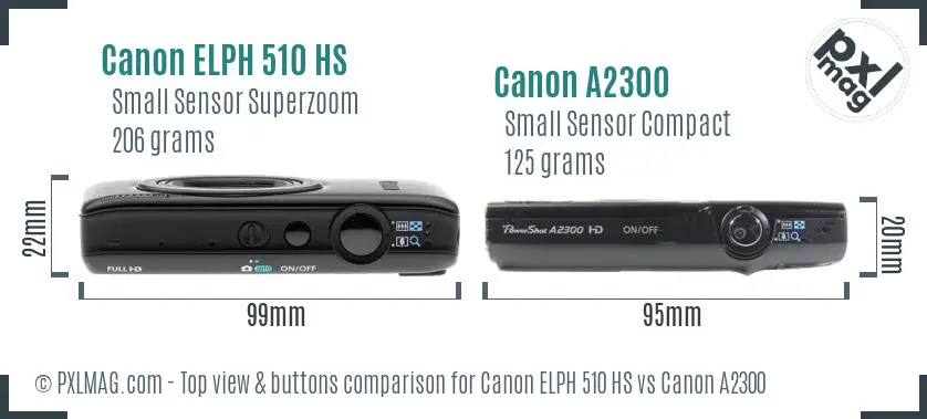 Canon ELPH 510 HS vs Canon A2300 top view buttons comparison