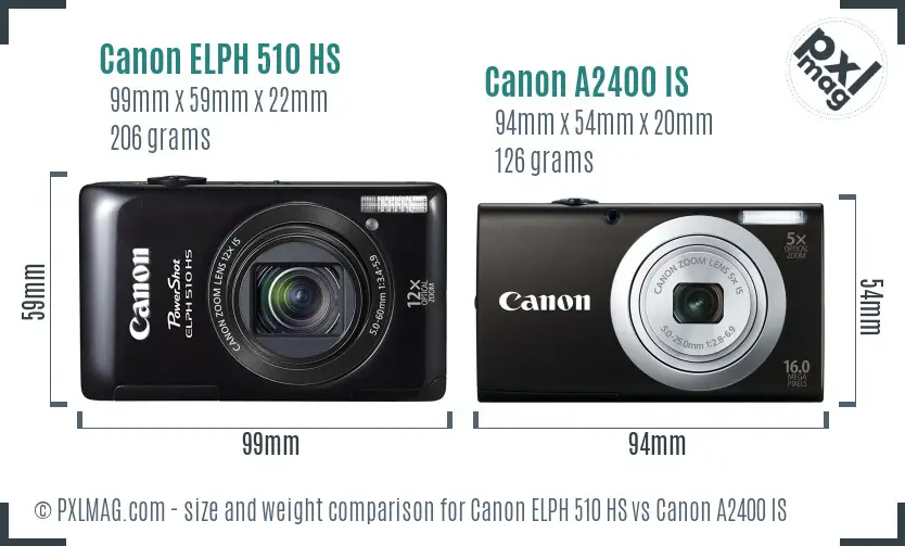 Canon ELPH 510 HS vs Canon A2400 IS size comparison