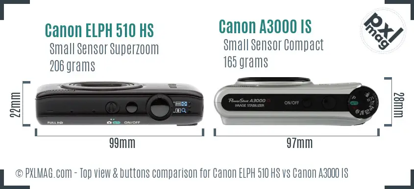 Canon ELPH 510 HS vs Canon A3000 IS top view buttons comparison Canon ELPH 510 HS vs Canon A3000 IS top view buttons comparison