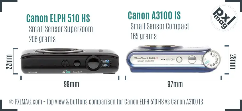 Canon ELPH 510 HS vs Canon A3100 IS top view buttons comparison