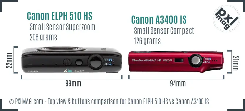 Canon ELPH 510 HS vs Canon A3400 IS top view buttons comparison