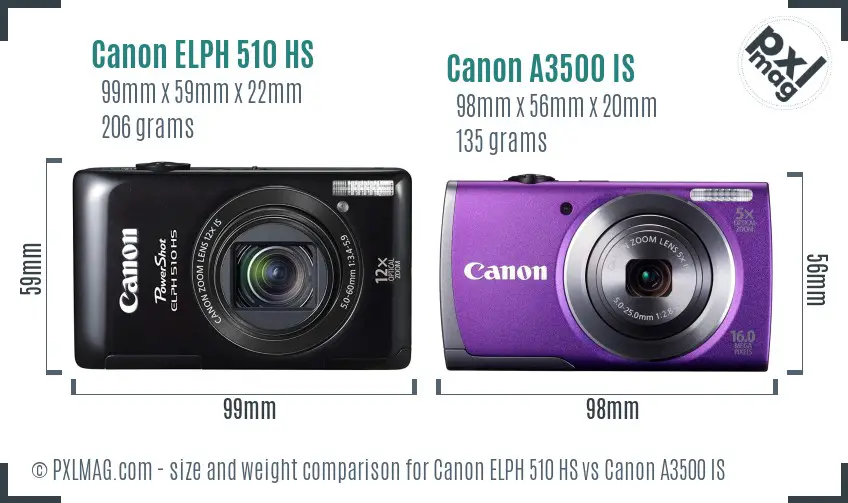 Canon ELPH 510 HS vs Canon A3500 IS size comparison