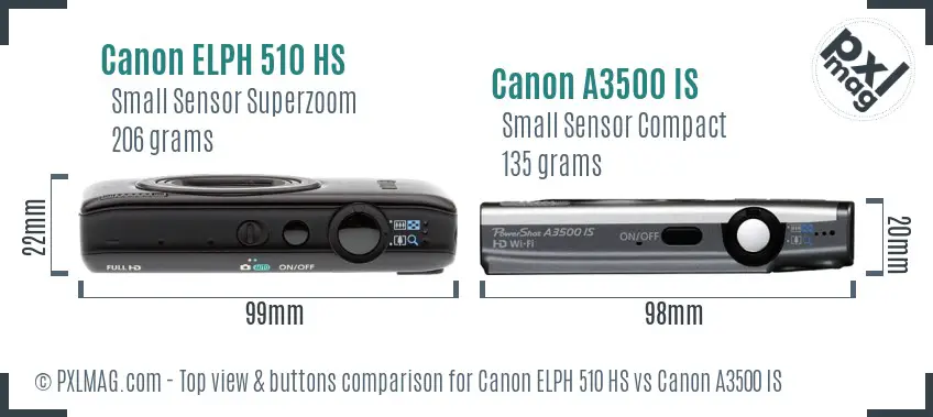 Canon ELPH 510 HS vs Canon A3500 IS top view buttons comparison