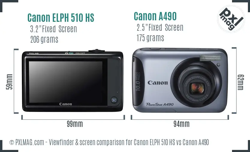 Canon ELPH 510 HS vs Canon A490 Screen and Viewfinder comparison
