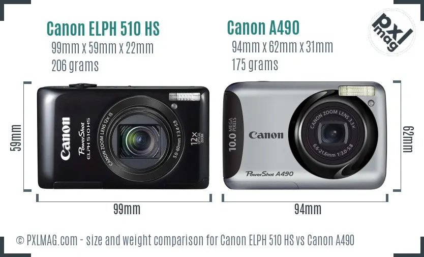 Canon ELPH 510 HS vs Canon A490 size comparison