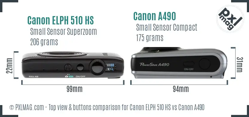 Canon ELPH 510 HS vs Canon A490 top view buttons comparison