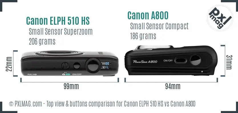 Canon ELPH 510 HS vs Canon A800 top view buttons comparison Canon ELPH 510 HS vs Canon A800 top view buttons comparison