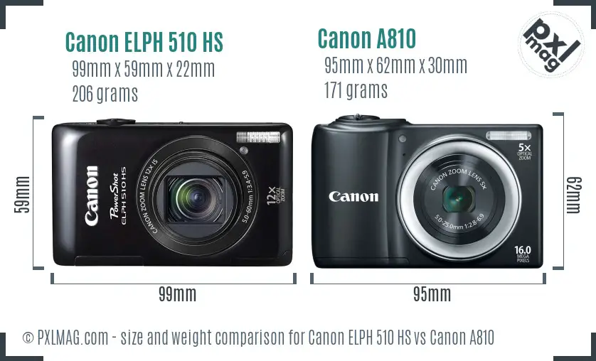 Canon ELPH 510 HS vs Canon A810 size comparison