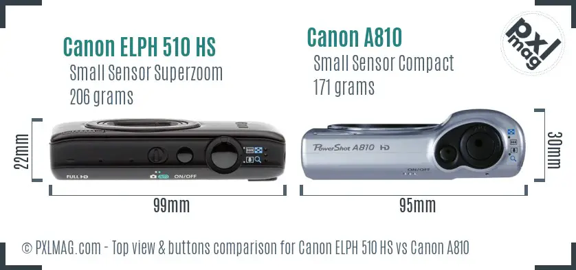 Canon ELPH 510 HS vs Canon A810 top view buttons comparison