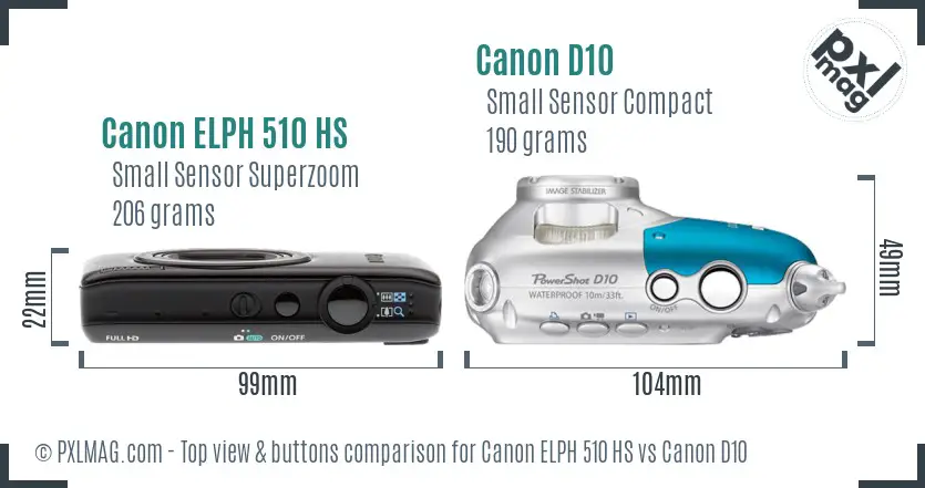 Canon ELPH 510 HS vs Canon D10 top view buttons comparison Canon ELPH 510 HS vs Canon D10 top view buttons comparison