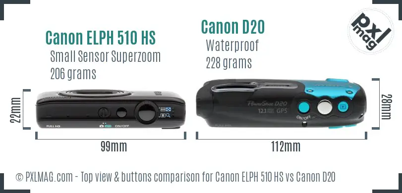 Canon ELPH 510 HS vs Canon D20 top view buttons comparison