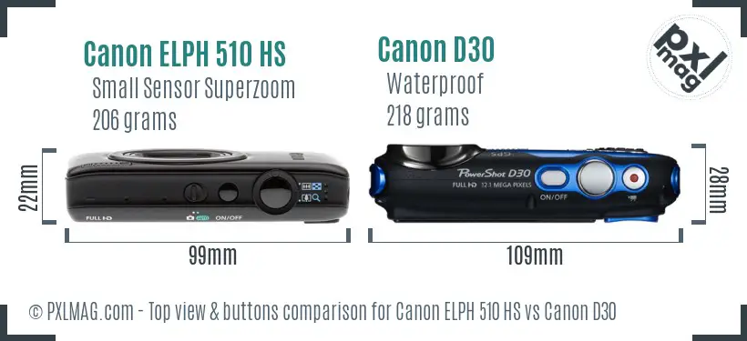 Canon ELPH 510 HS vs Canon D30 top view buttons comparison Canon ELPH 510 HS vs Canon D30 top view buttons comparison
