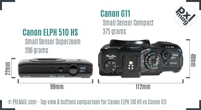 Canon ELPH 510 HS vs Canon G11 top view buttons comparison