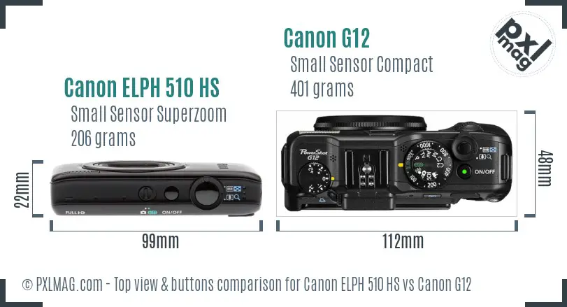 Canon ELPH 510 HS vs Canon G12 top view buttons comparison