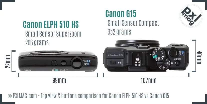 Canon ELPH 510 HS vs Canon G15 top view buttons comparison