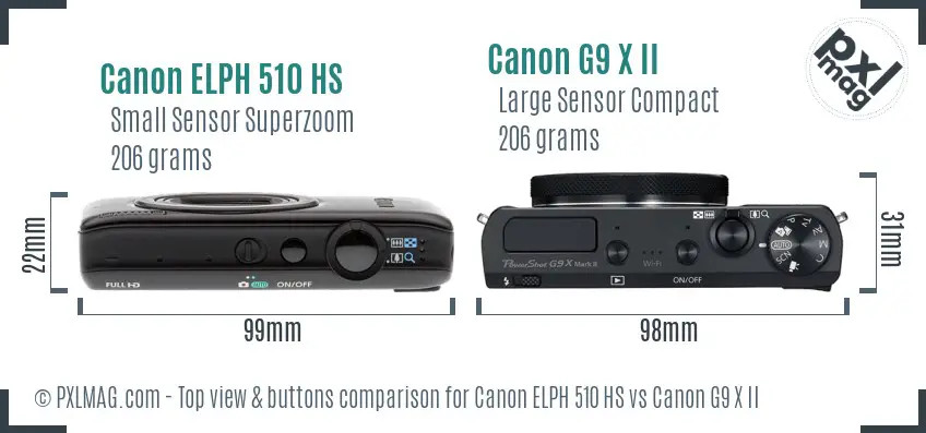 Canon ELPH 510 HS vs Canon G9 X II top view buttons comparison