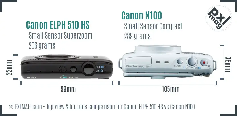 Canon ELPH 510 HS vs Canon N100 top view buttons comparison Canon ELPH 510 HS vs Canon N100 top view buttons comparison