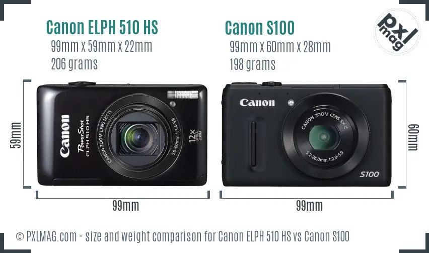 Canon ELPH 510 HS vs Canon S100 size comparison
