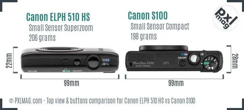 Canon ELPH 510 HS vs Canon S100 top view buttons comparison