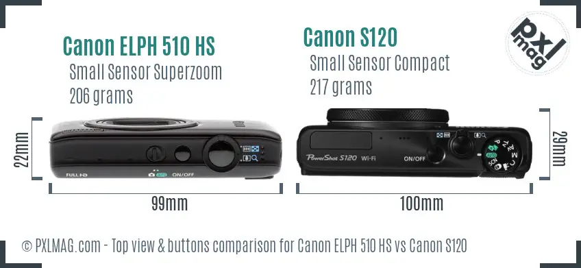 Canon ELPH 510 HS vs Canon S120 top view buttons comparison