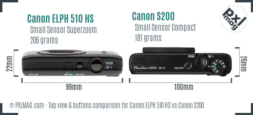 Canon ELPH 510 HS vs Canon S200 top view buttons comparison Canon ELPH 510 HS vs Canon S200 top view buttons comparison