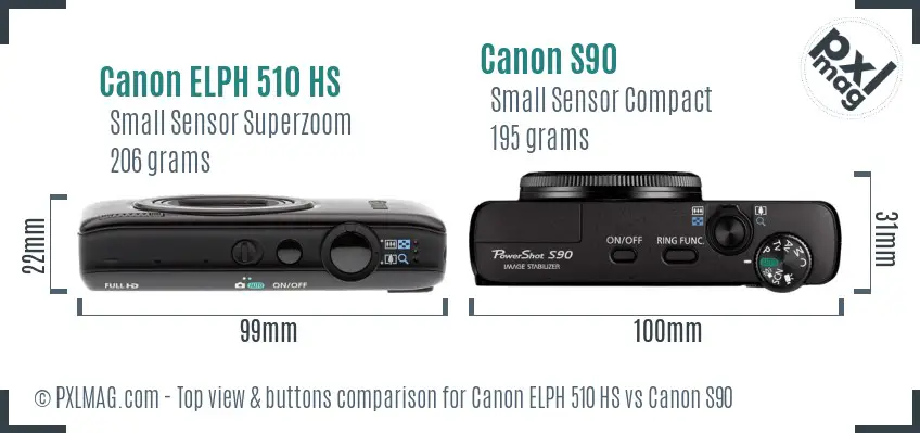 Canon ELPH 510 HS vs Canon S90 top view buttons comparison